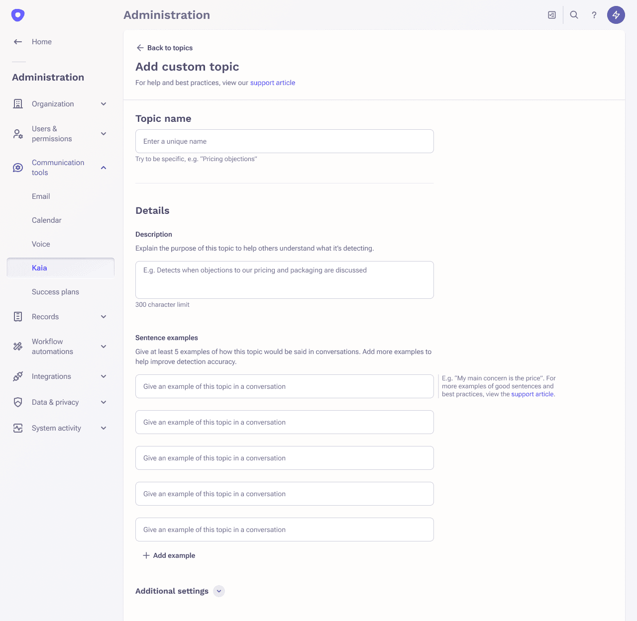 The administration portion of Kaia showcasing how to add custom topic