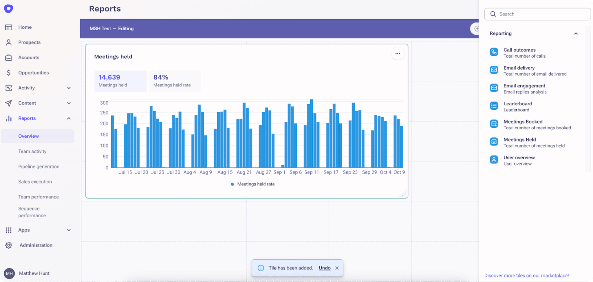 Screenshot of a Outreach's custom reporting layout showing Meeting held reports