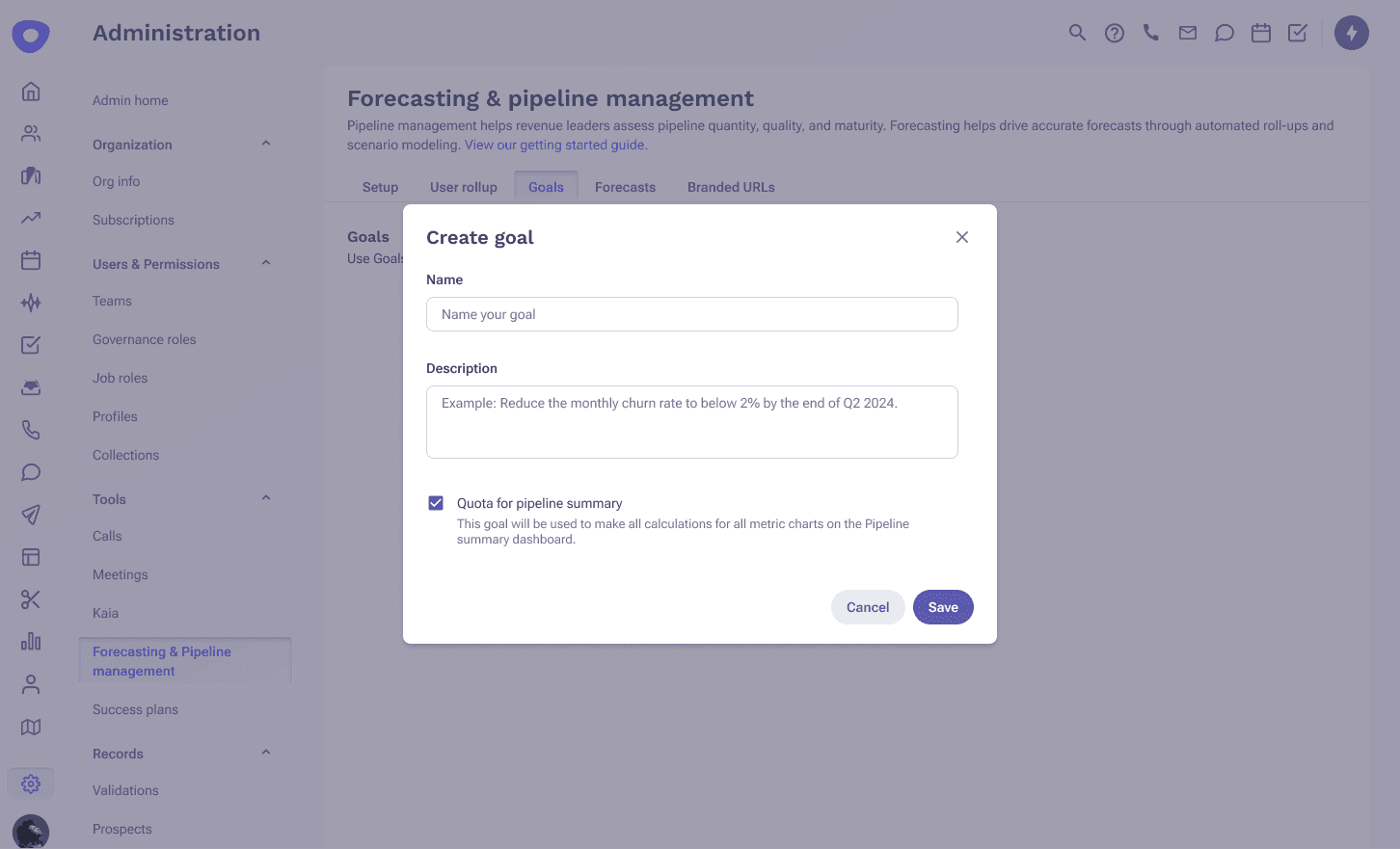 Outreach sales forecasting platform showing admins uploading goal spreadsheets and assigning them to forecasts in the forecast builder.