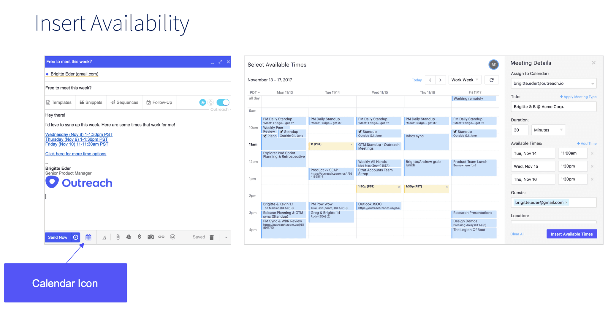 screenshot showing how to insert meeting availability from your calendar into Outreach emails