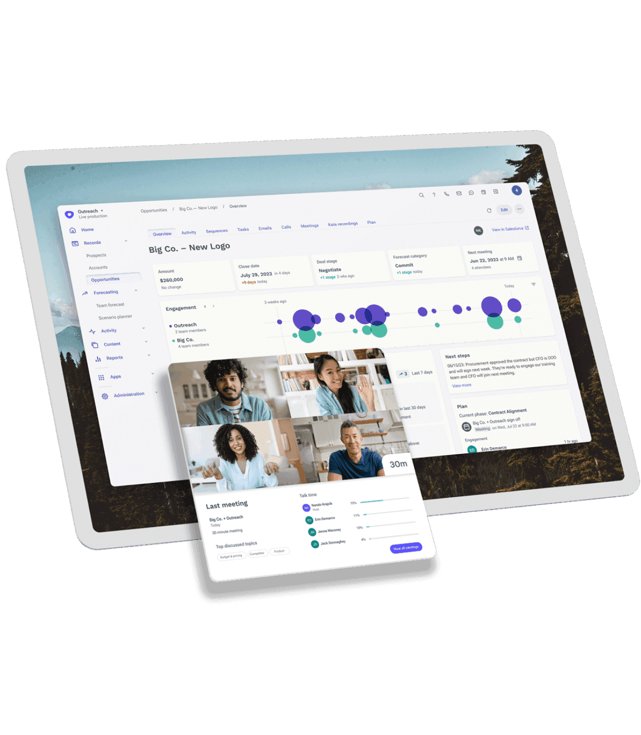 Sales execution platform UI showing Opportunities, Forecasting, Reports, and a video call with meeting details and engagement data.