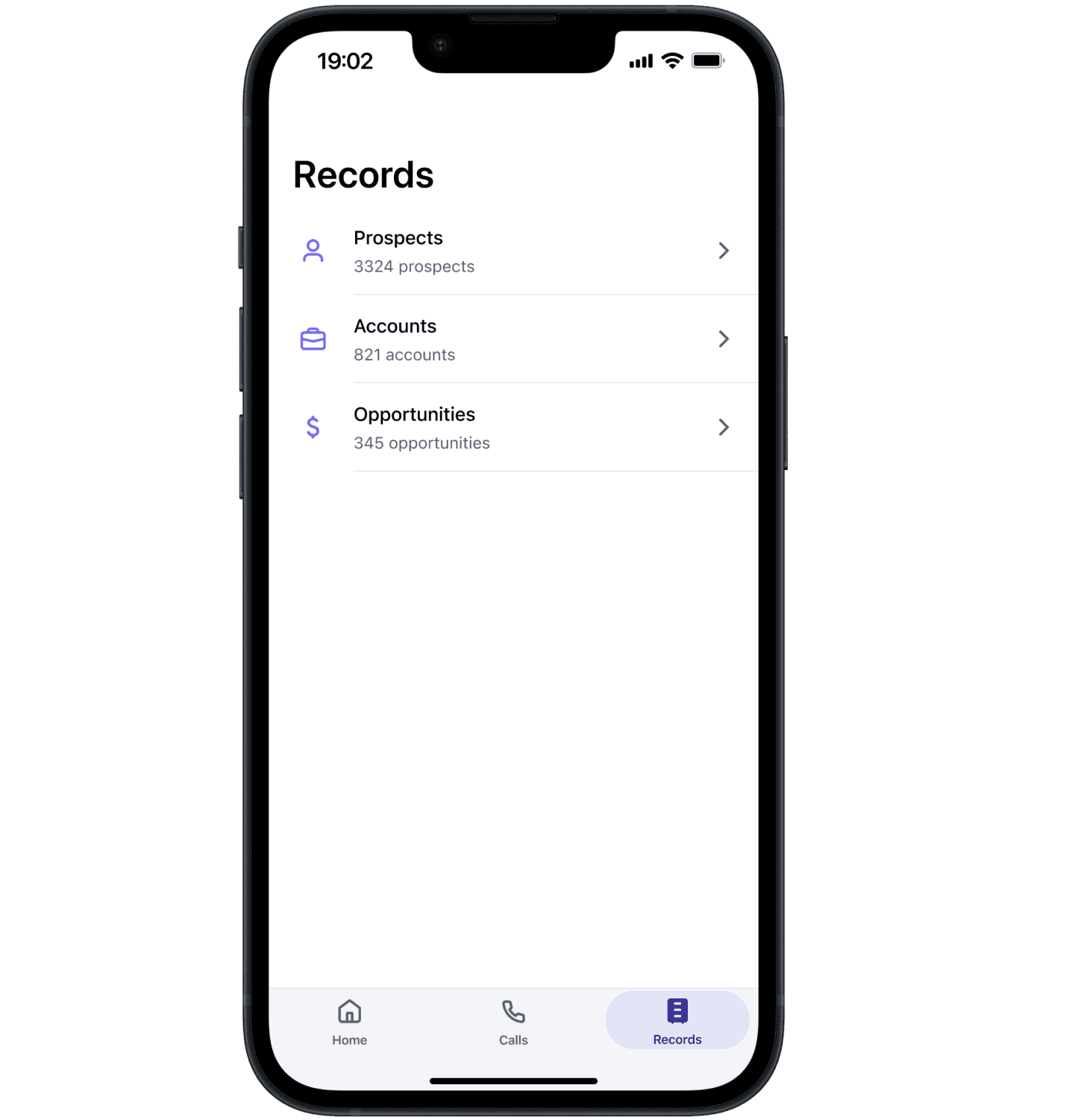 Screenshot of a mobile phone showing Outreach Mobile App's showing the records of prospects, accounts, and opportunities