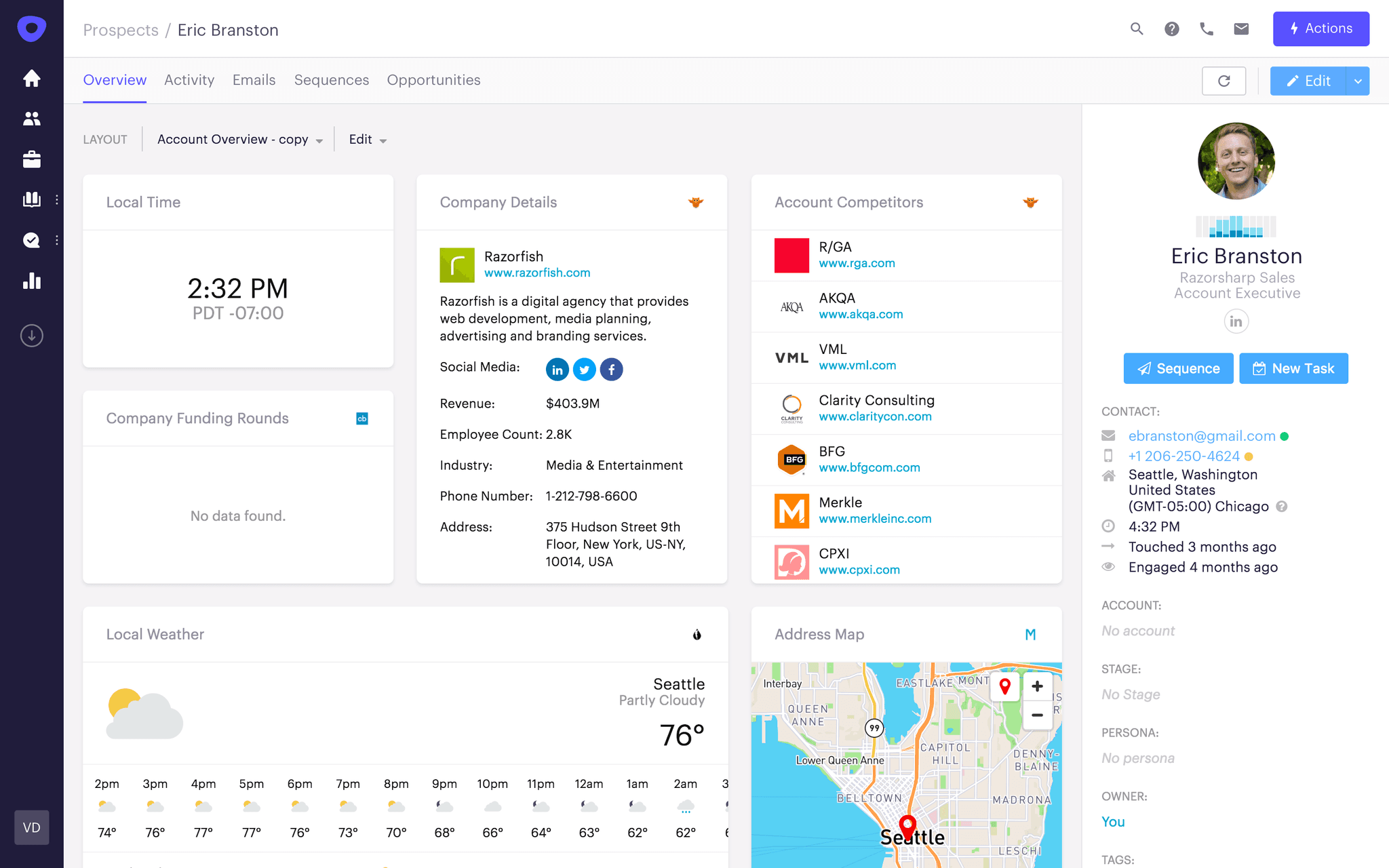 A screenshot of the prospect view in the Outreach sales execution platform