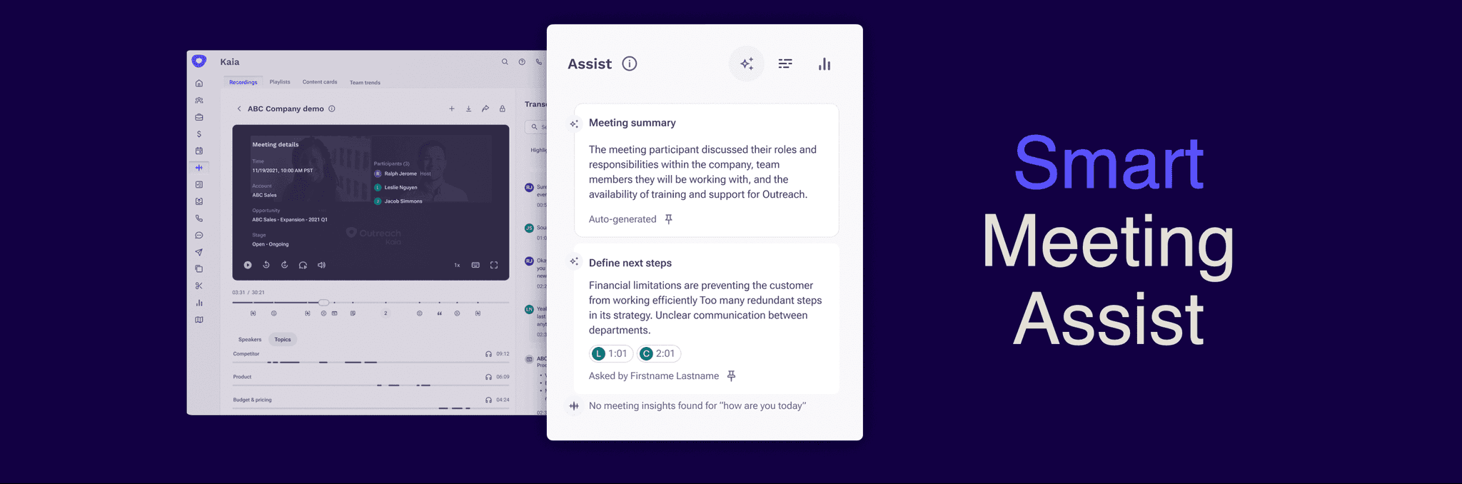 purple graphic with words smart deal assist and a screen shot of Kaia meeting notes in the Outreach platform